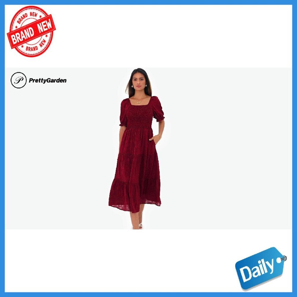 Square Neck Midi Dress with Pockets, Smocked Bodice, Ruffle Sleeves - Picture 8 of 8